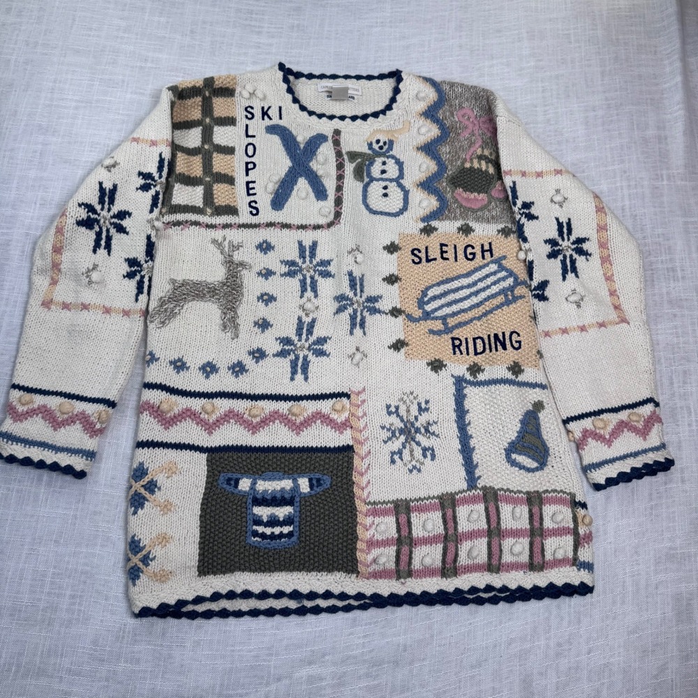 Cape Isle Knitters Sweater Womens M Ivory Hand Knit Grandma Snowmen Festive VTG - Picture 10 of 16